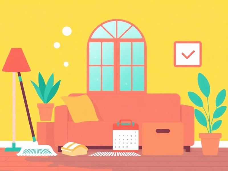 Colourful illustration of cleaning tools and a tidy home